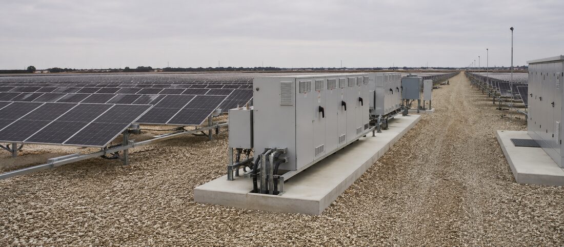 Inverter cabinets at a utility-scale solar site